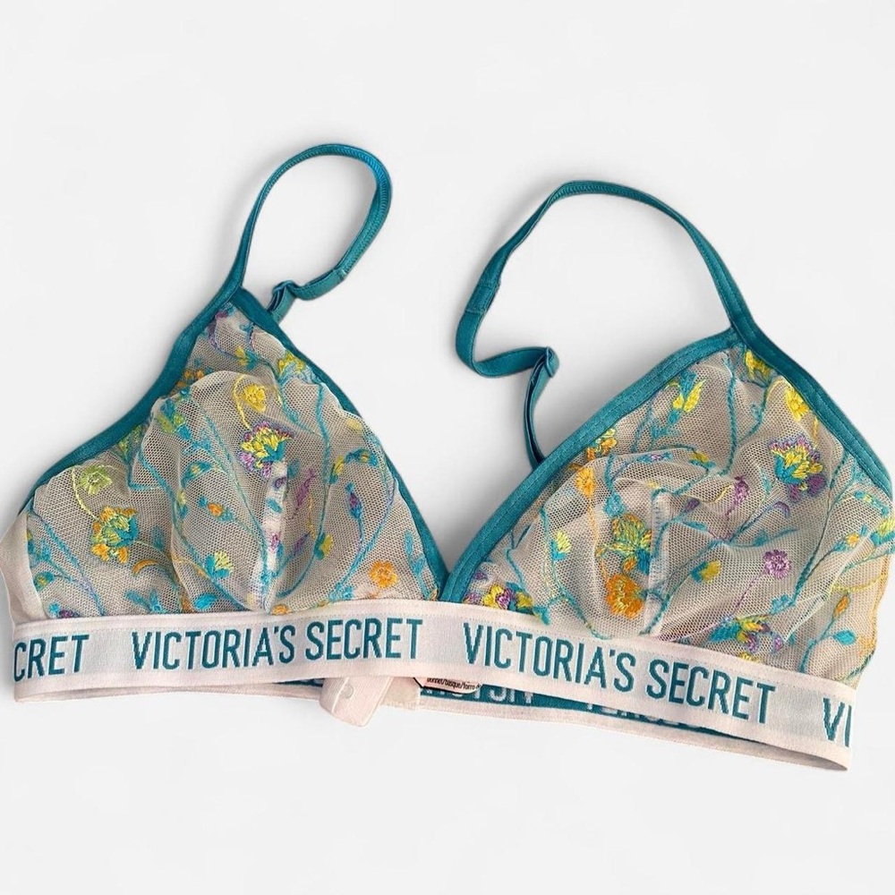 Victoria’s Secret blue floral mesh bralette embroidered - lace spring cottage
